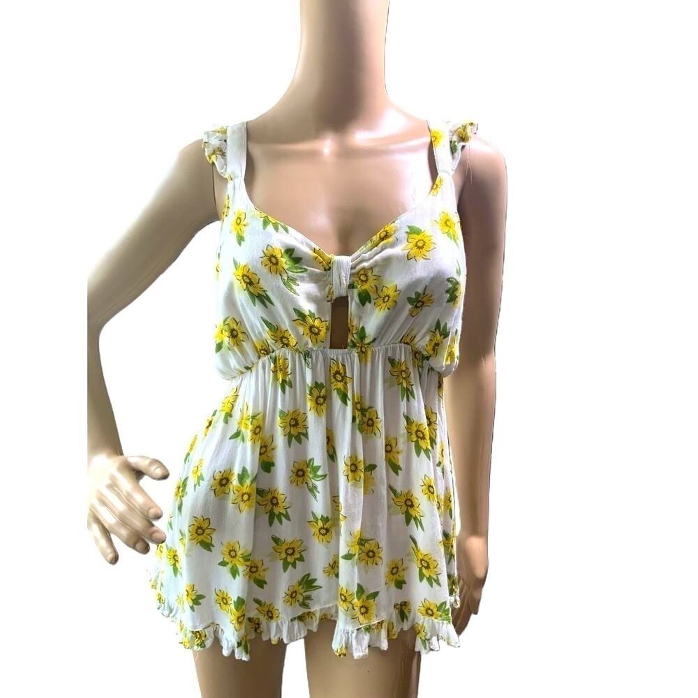 Audrey Lane Yellow Floral‎ Print Sleeveless Ruffled Straps Tank Top Size Large